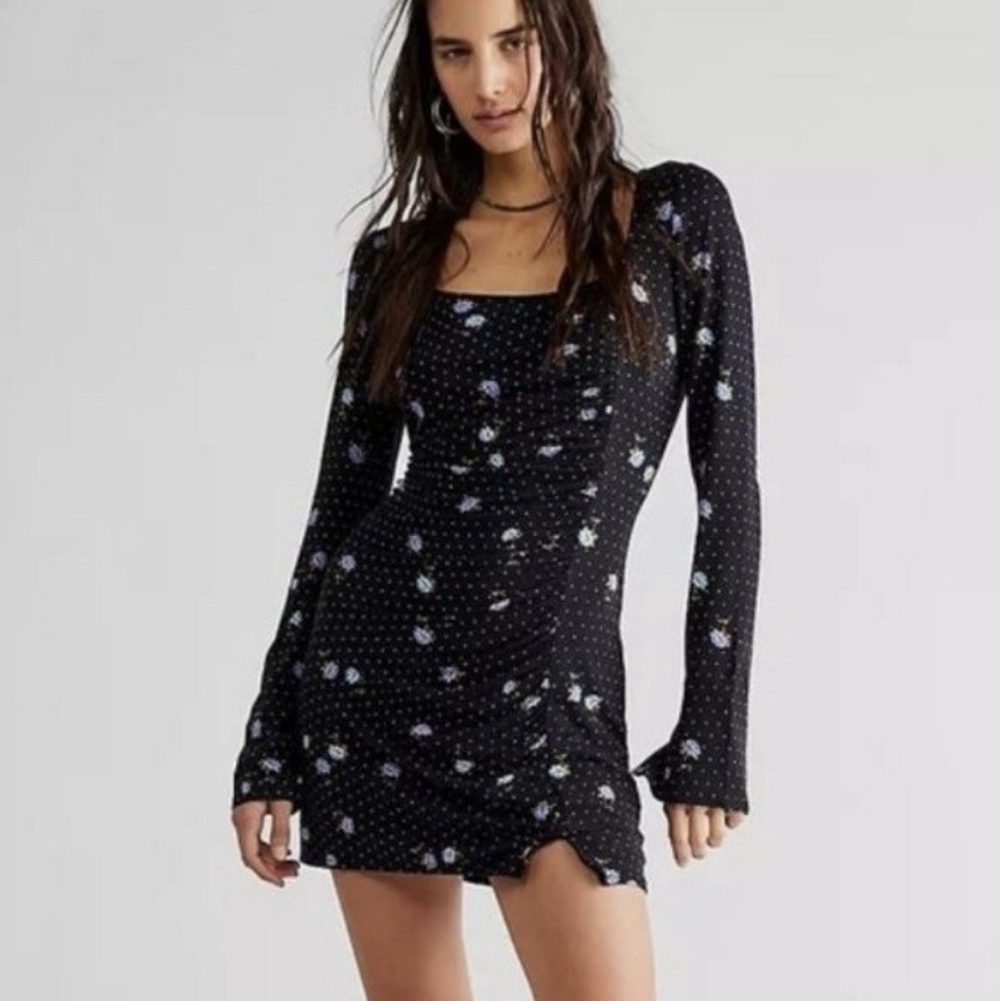 Free People Celia Mini Dress in black with a floral polka dot pattern